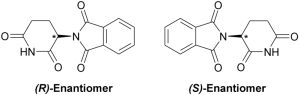 chemical structures of thalidomide enantiomers: (S)-(-)-thalidomide (left), (R)-(+)-thalidomide (right)