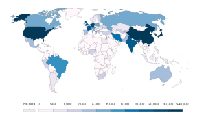 World map with countries shaded in various shades of blue based on data values. [Image Description linked]