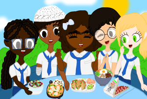 Five animated students in school uniforms smiling and sharing a colorful variety of foods at an outdoor lunch table.