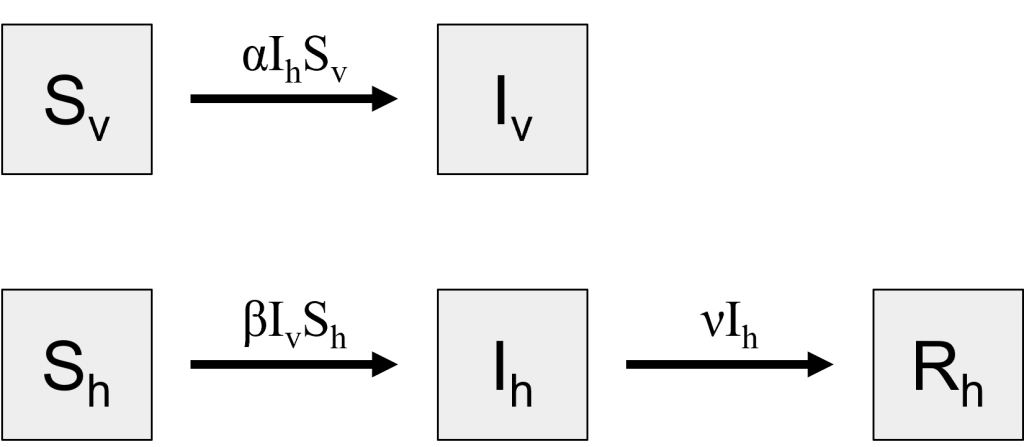 Flow diagram with compartments: S_v, I_v, S_h, I_h, and R_h with arrows indicating transitions between them.