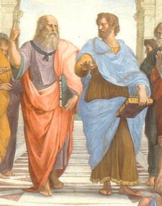 Two robed philosophers walk and gesture in a Renaissance fresco, holding books amid classical arches.