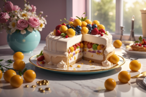 Fancy cake with thick white frosting, topped with fruits, and surrounding by additional fruit and a vase filled with flowers
