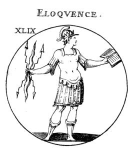 A black-and-white drawing of a Roman soldier holding arrows in one hand and a book in another. The drawing is titled "Eloquence."