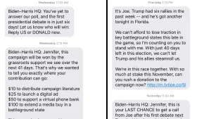 Text messages from Biden-Harris HQ soliciting donations (Accessible Word version available)