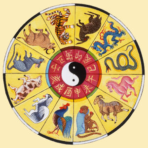 Chinese zodiac wheel with yin yang symbol in the middle and the zodiac animals illustrated. Clockwise from 12 hour point: rabbit, dragon, snake, horse, ram, monkey, rooster, dog, pig, rat, ox, tiger