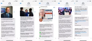 Composite image of five iPhone iMessage screenshots showing political campaign texts—candidate introductions, polling updates, all-caps donation appeals, and links. (Accessible Word version available)