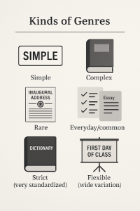 A graphic representation of various kinds of genres, including: simple vs complex; rare vs everyday/common; strict (very standardized) vs. flexible (wide variation)