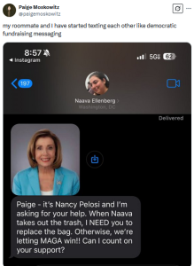 Tweet with a spoof fundraising-style text: “Nancy Pelosi” asks Paige to replace the trash bag so “MAGA” doesn’t win. (Accessible Word version available)