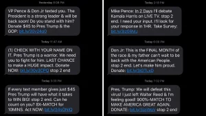 Two-column iMessage screenshots of text messages from Donald Trump's campaign soliciting donations (Accessible Word version available)