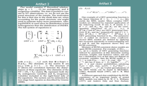 Two excerpts labeled Artifact 2 and Artifact 3: economics pages with dense text, matrices, summations, and regression equations.