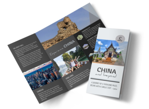 Trifold travel pamphlet; one copy open to interior panels of photos and text, another folded showing the cover reading “CHINA and beyond — A journey of a thousand miles begins with a single step.”