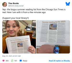 Screenshot of a social post: woman in a library holds a newspaper showing “Summer reading list for 2025,” confirming the article is real. (Image Description available)