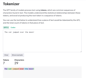 Screenshot of OpenAI’s Tokenizer showing “The cat jumped over the moon!” split into 7 tokens: “The | cat | jumped | over | the | moon | !”. (Image Description available)