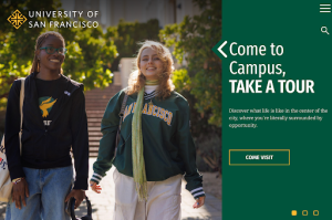 A screenshot of the University of San Francisco Website, featuring two students, a young white woman and a young black woman, both wearing USF gear. The side text says, "Come to campus, take a tour"