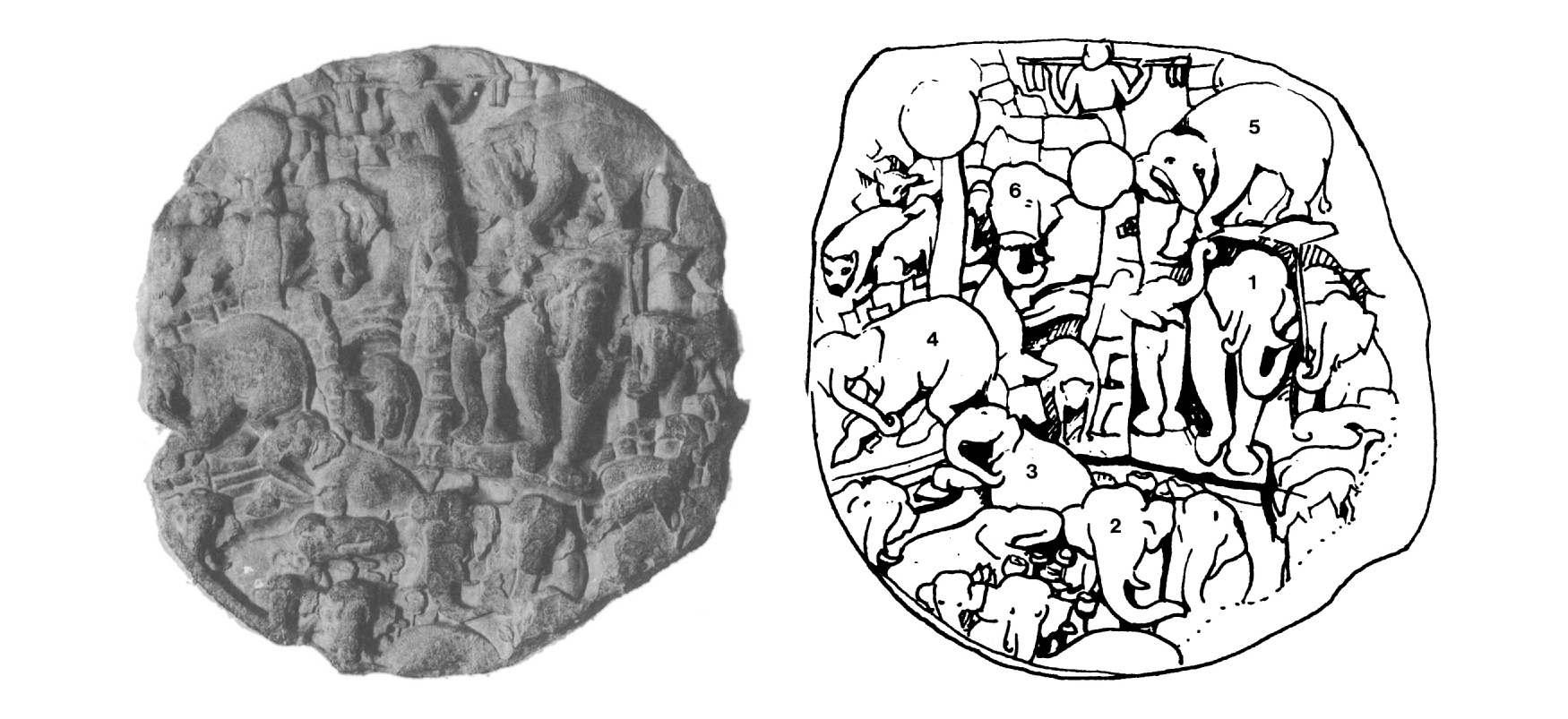 Carved Amaravati Buddhist medallion of elephants and people beside a numbered outline showing the image’s reading order (Image Description available)