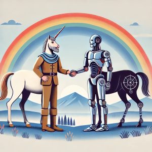 Illustration of a unicorn-headed person shaking hands with a robot centaur under a rainbow, mountains behind. (Image Description available)