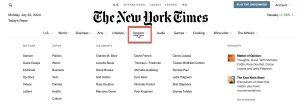 New York Times homepage with the mouse hovering over Opinion in the top, middle of the menu