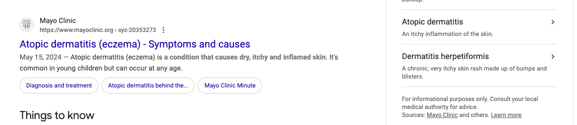 A Google search results page shows a Mayo Clinic webpage about eczema in the results and in the Knowledge Graph box.