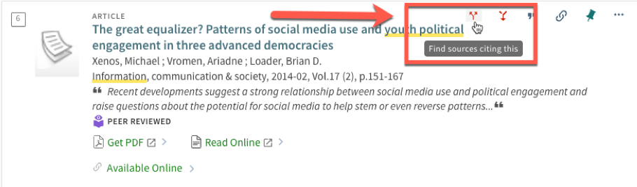 Library Search result, with arrow pointing to the branching red arrows at the top of the search result