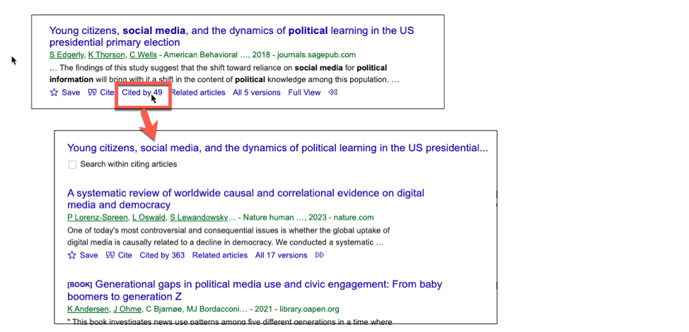 A Google Scholar search result with "Cited by 49" circled under the article information, which points to further links to sources that have been cited in the article