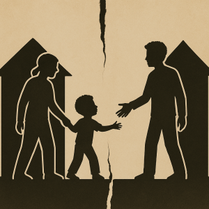 Silhouette of a child holding a parent's hand in front of a house reaching for another parent in front of a different house