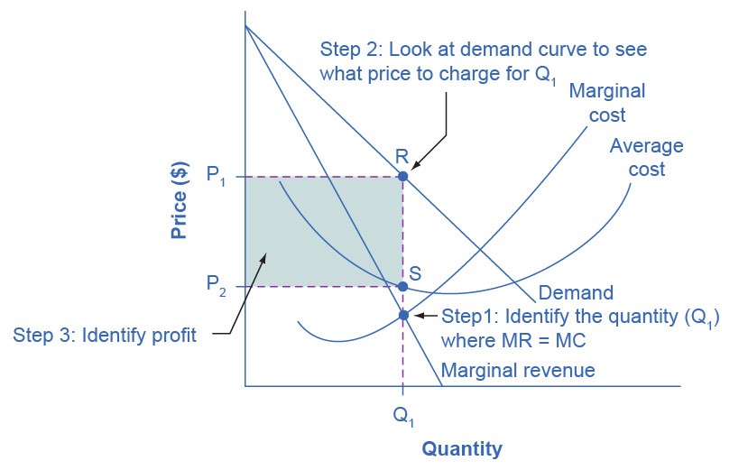The graph shows monopoly profits as the area between the demand curve and the average cost curve at the monopolist’s level of output.