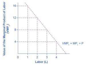 The graph illustrates the value of the marginal product of labor. The x-axis shows the amount of labor, indicating units of labor from 0 to 4. The y-axis shows the value of the marginal product of labor, and ranges from 0 to 16 in increments of 4. The initial point shown is labor equal to 1 with a value of marginal product of 16. The curve is downward sloping from there, to a point of labor equal to 4 and a value of marginal product equal to 4. The value of marginal product equation is shown as marginal product of labor times price.