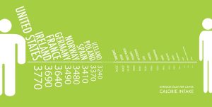 The picture shows the average daily calorie consumption for an individual from various countries. The United States has the highest intake at 3,770 calories.