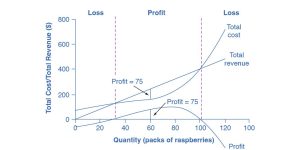 The graph shows that firms will incur a loss if the total cost is higher than the total revenue. The x-axis is the quantity of raspberry packs. The y-axis is the total cost/total revenue. The description of the graph is located in the paragraph below the table.