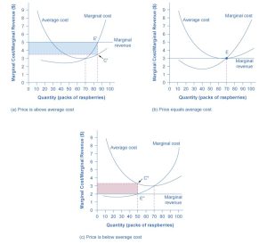 Three graphs are illustrated. The first one (a) shows u-shaped average cost combined with a marginal cost curve that first decreases, then increases and intersects average cost at the minimum average cost. A horizontal line shows the market price of raspberries at 5 dollars. This is also marginal revenue, and it is shown intersecting the marginal cost curve at a quantity of 85 packs of raspberries, which is the profit-maximizing amount of output. This intersection is labeled E, and a vertical line is drawn down from it to the quantity axis. This vertical line intersects the average cost curve at a point labeled C. A blue-shaded rectangle is created showing positive profits at this price of raspberries. The next graph (b) shows the break-even point. Average cost and marginal cost are drawn the same, but the market price is now 3 dollars, which is also marginal revenue. This marginal revenue line intersects marginal cost at minimum average cost, at a point labeled E, and the profit-maximizing quantity of raspberries is shown as 70 packs. Because marginal revenue and average cost are equal, there is no profit or loss. The last graph (c) shows loss. Average cost and marginal cost are drawn the same, but the market price is now 2 dollars, which is also marginal revenue. This marginal revenue line intersects marginal cost at point labeled E which is below average cost. A vertical line is drawn up from this point to average cost, and that intersection is labeled C. The vertical distance E to C represents the per unit loss of producing this amount of raspberries, 50 packs. A red-shaded rectangle is created showing the loss.