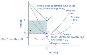 The graph shows monopoly profits as the area between the demand curve and the average cost curve at the monopolist’s level of output.