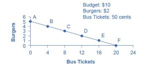 The graph illustrates the budget constraint as a downward-sloping line starting at 5 burgers on the y-axis and ending at 20 bus tickets on the x-axis.