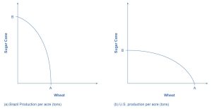 This graph shows two images. Both images have y-axes labeled “Sugar Cane” and x-axes labeled “Wheat.” In image (a), Brazil’s Sugar Cane production is nearly double the production of its wheat. In image (b), the U.S.’s Sugar Cane production is nearly half the production of its wheat.