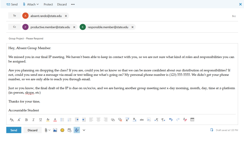Example of email sent to absent group member