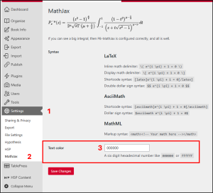 Screenshot of MathJax settings with syntax examples for LaTeX, AsciiMath, MathML, and a text color setting.