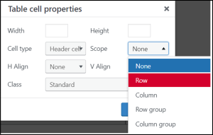 Setting the scope of a table row in Pressbooks.