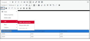 Selecting table cell properties in Pressbooks