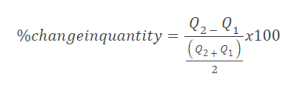 The percent of change in quantity is equal to numerator Q subset 2 minus Q subset 1 divided by the following fraction: numerator parenthesis Q subset 2 plus Q subset 1 end parenthesis over denominator 2. Then, the whole fraction is multiplied by 100.